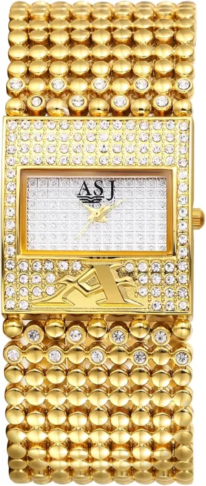 Gold Watches: Gold apportion parlor orient secede Beaded Rhinestones Analog Quartz Bracelet Watches Bling Wristwatch Avaner Women's Square 
