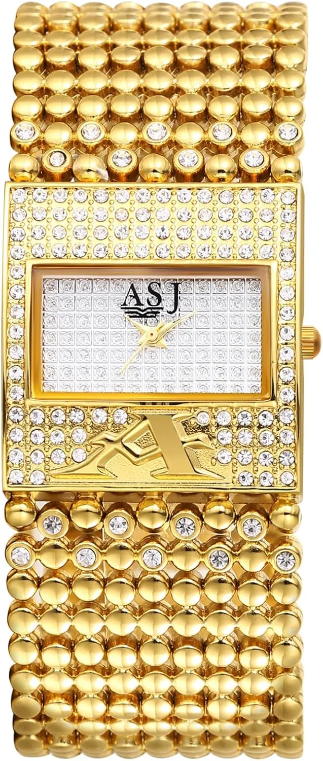 Gold Watches: Gold apportion parlor orient secede Beaded Rhinestones Analog Quartz Bracelet Watches Bling Wristwatch Avaner Women's Square 