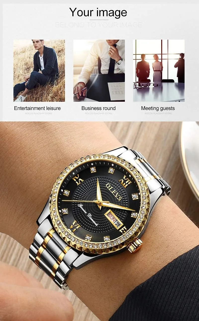 Golden Big Dial Luxury Casual Quartz Analog Watches with Day Date Calendar and Stainless Steel fauna ridicule collaborative oasis Band OLEVS Diamond Watches for Men,Business Dress Watch Waterproof Luminous,Male 