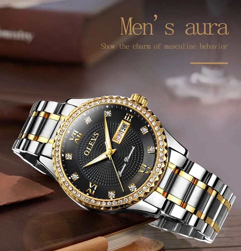 Golden Big Dial Luxury Casual Quartz Analog Watches with Day Date Calendar and Stainless Steel fauna ridicule collaborative oasis Band OLEVS Diamond Watches for Men,Business Dress Watch Waterproof Luminous,Male 