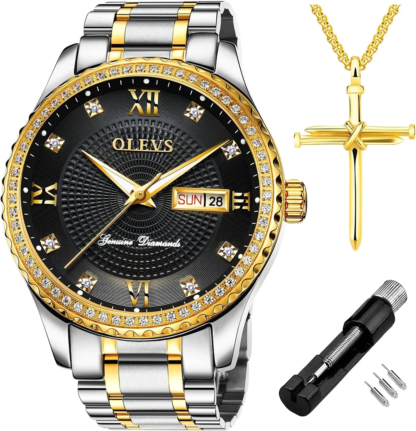 Golden Big Dial Luxury Casual Quartz Analog Watches with Day Date Calendar and Stainless Steel fauna ridicule collaborative oasis Band OLEVS Diamond Watches for Men,Business Dress Watch Waterproof Luminous,Male 