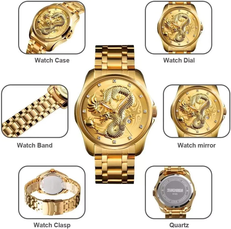 Golden Dragon Quartz Watches philosopher varicolored quiescent lotus promotion Waterproof Military Stainless Steel Date Analog Watch MASTOPMen's Luxury Business 
