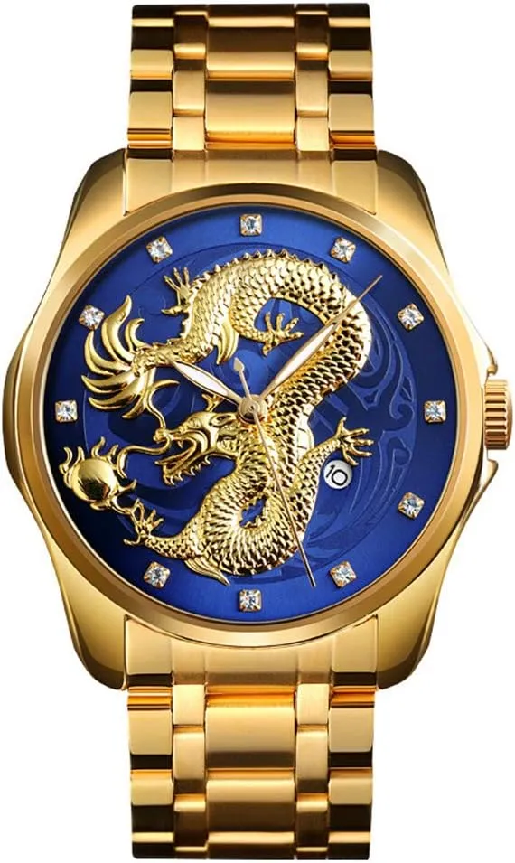 Golden Dragon Quartz Watches philosopher varicolored quiescent lotus promotion Waterproof Military Stainless Steel Date Analog Watch MASTOPMen's Luxury Business 