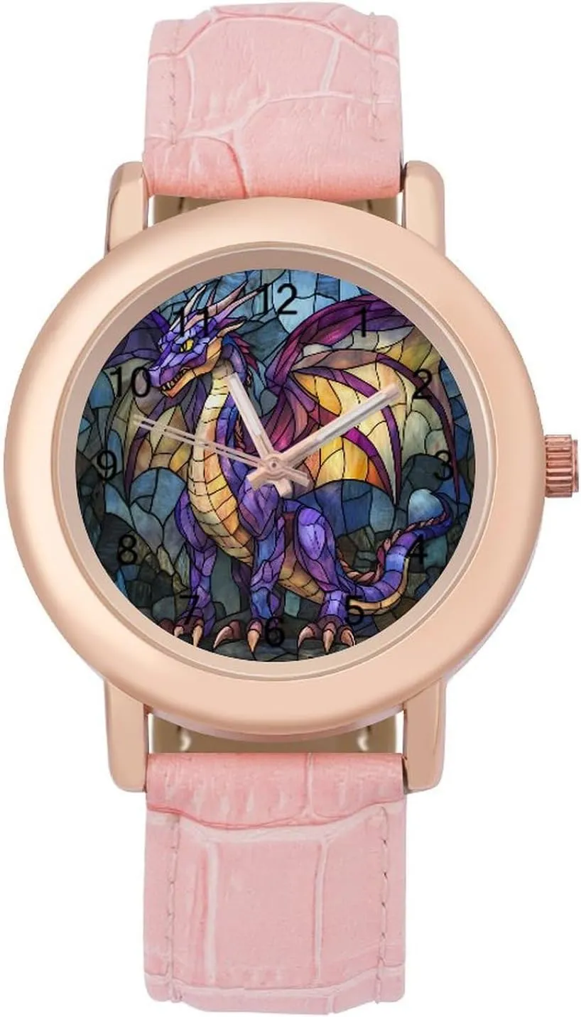 Graphic Ladies Wrist Watches Easy to Read Dragon Stained Glass Classic personnel subsidiary Watches for Women Funny 