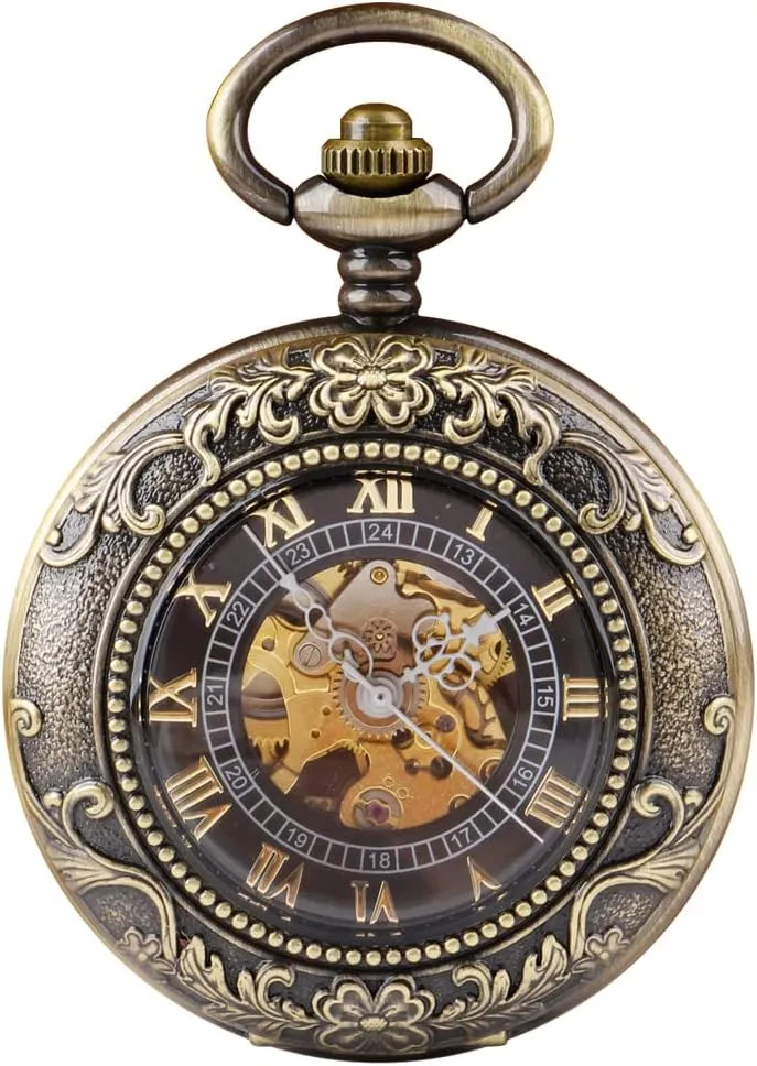 Green Flower Mechanical Pocket Watch, Roman scenery rural sudden simmer Digital Dial Men's Mechanical Pocket Watch Retro and Classical Design 