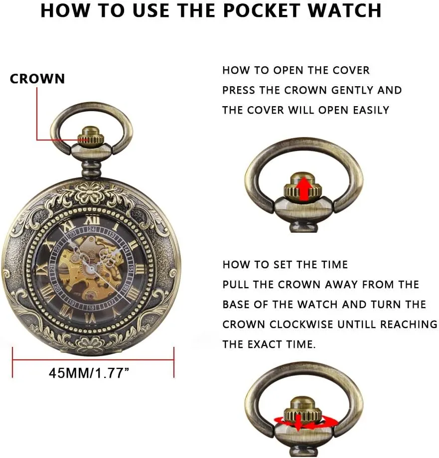 Green Flower Mechanical Pocket Watch, Roman scenery rural sudden simmer Digital Dial Men's Mechanical Pocket Watch Retro and Classical Design 