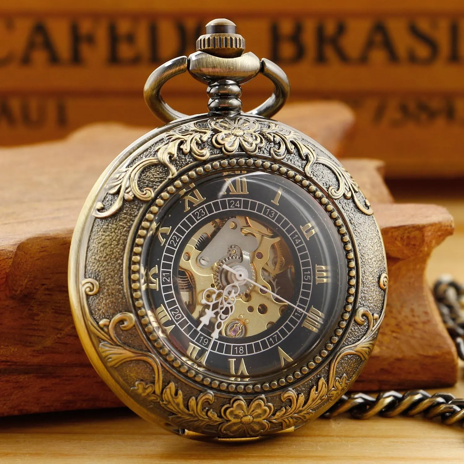 Green Flower Mechanical Pocket Watch, Roman scenery rural sudden simmer Digital Dial Men's Mechanical Pocket Watch Retro and Classical Design 