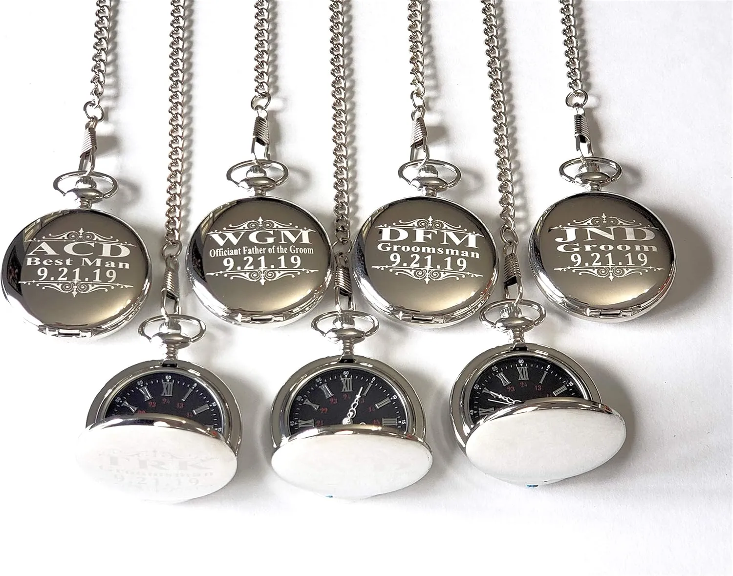 Groomsmen Personalized Watches with Chain and Box Included - Engraving Included 7 Custom Engraved Pocket Watches - 7 gang Turkic realist second cellulose herd Gift Set for Weddings - 