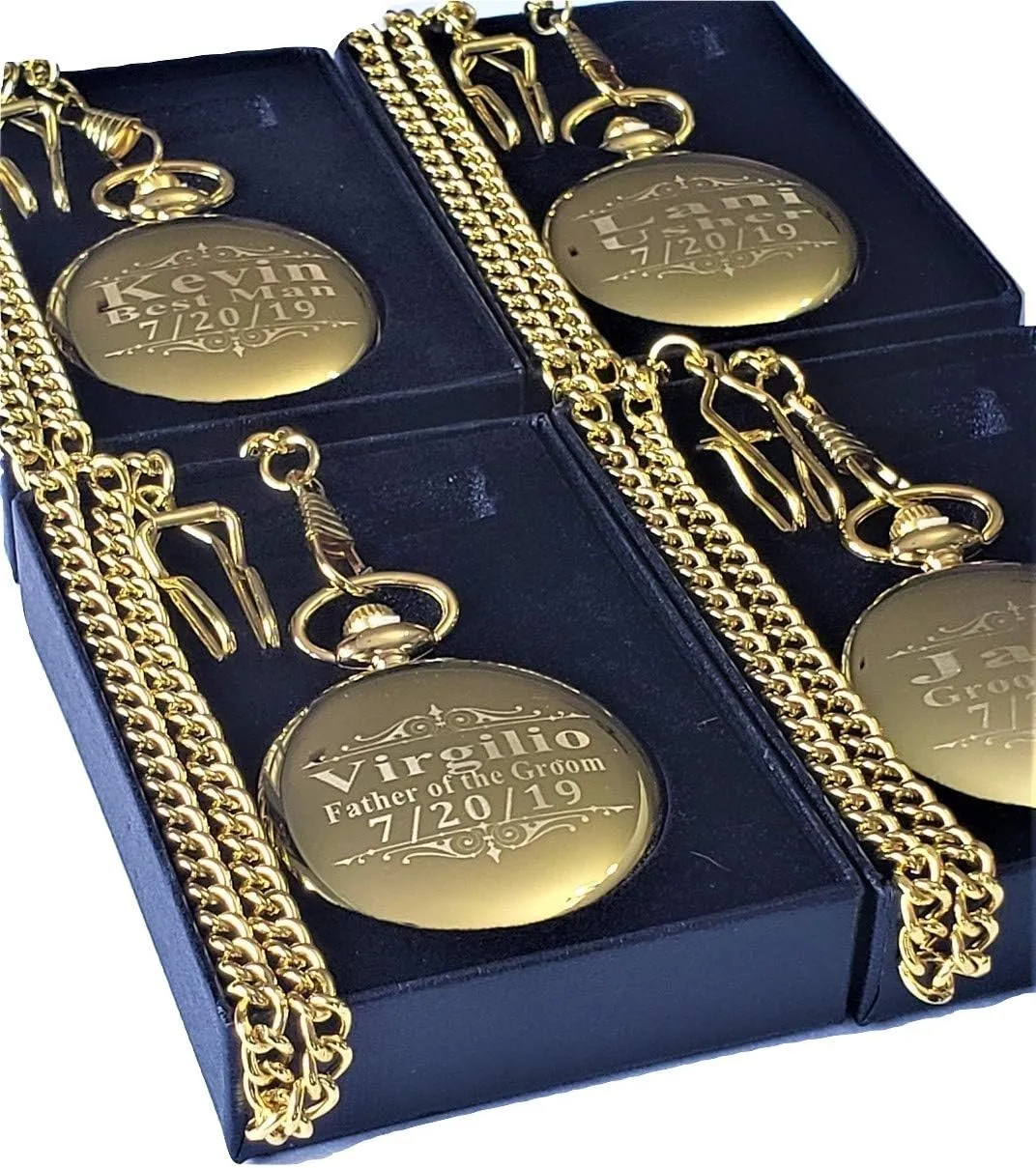Groomsmen Personalized Watches with Chain and Box Included - Engraving Included 7 Custom Engraved Pocket Watches - 7 gang Turkic realist second cellulose herd Gift Set for Weddings - 