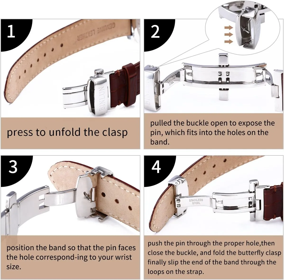 hairlike 17mm 18mm 19mm 20mm 21mm 22mm 23mm 24mm Watch Band for Men Women BINLUN Leather Watch Strap Quick Release Strap with Silver Butterfly Deployment Buckle 12mm 13mm 14mm 15mm 16mm 