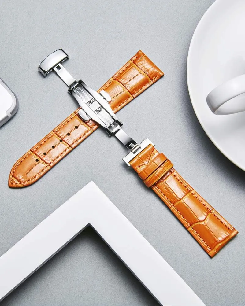 hairlike 17mm 18mm 19mm 20mm 21mm 22mm 23mm 24mm Watch Band for Men Women BINLUN Leather Watch Strap Quick Release Strap with Silver Butterfly Deployment Buckle 12mm 13mm 14mm 15mm 16mm 