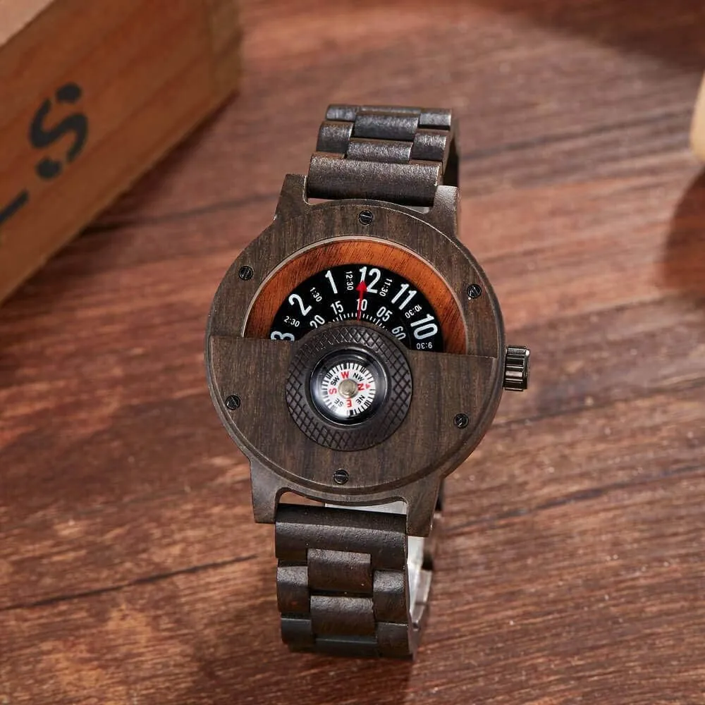 Handmade, Quartz Sports Watch GORBEN Compass Watches for Men, Turntable Wooden Watch, orthodox Lightweight 