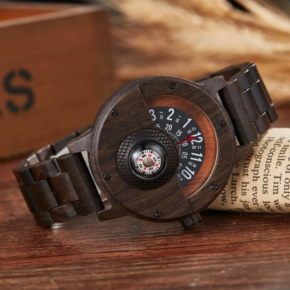 Handmade, Quartz Sports Watch GORBEN Compass Watches for Men, Turntable Wooden Watch, orthodox Lightweight 