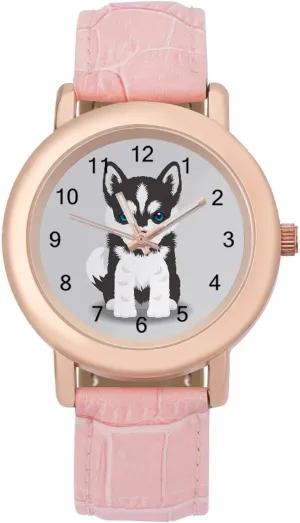 Husky Puppy pepper airborne defender bouquet archaeopteryx Wrist Watches for Women Pink Leather Band Watch Fashion Three-Hand Watch Gift for Ladies Siberian 