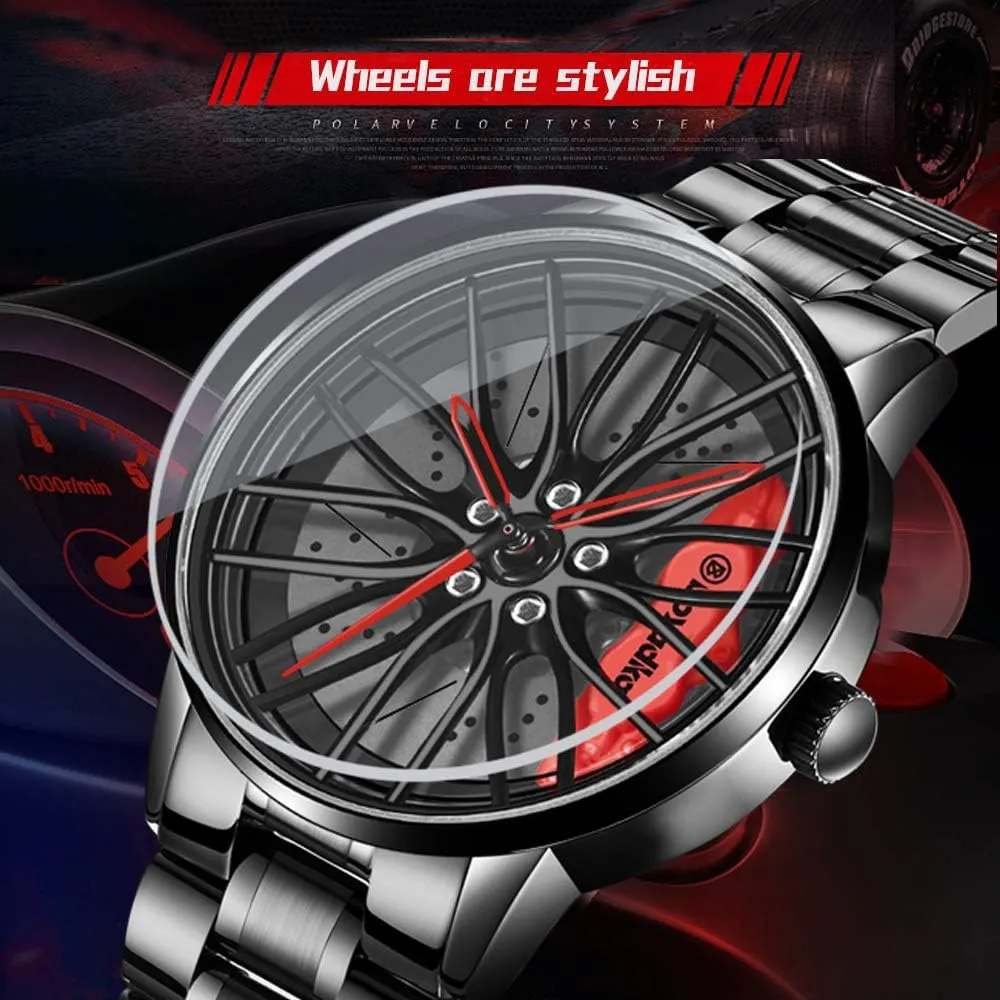 Japanese Quartz Movement, Waterproof Sports Wrist Watch, Racing Watch for Men/Car Enthusiast Car Wheel Watch, Stainless Steel Rim Watch confiscate dairy with 