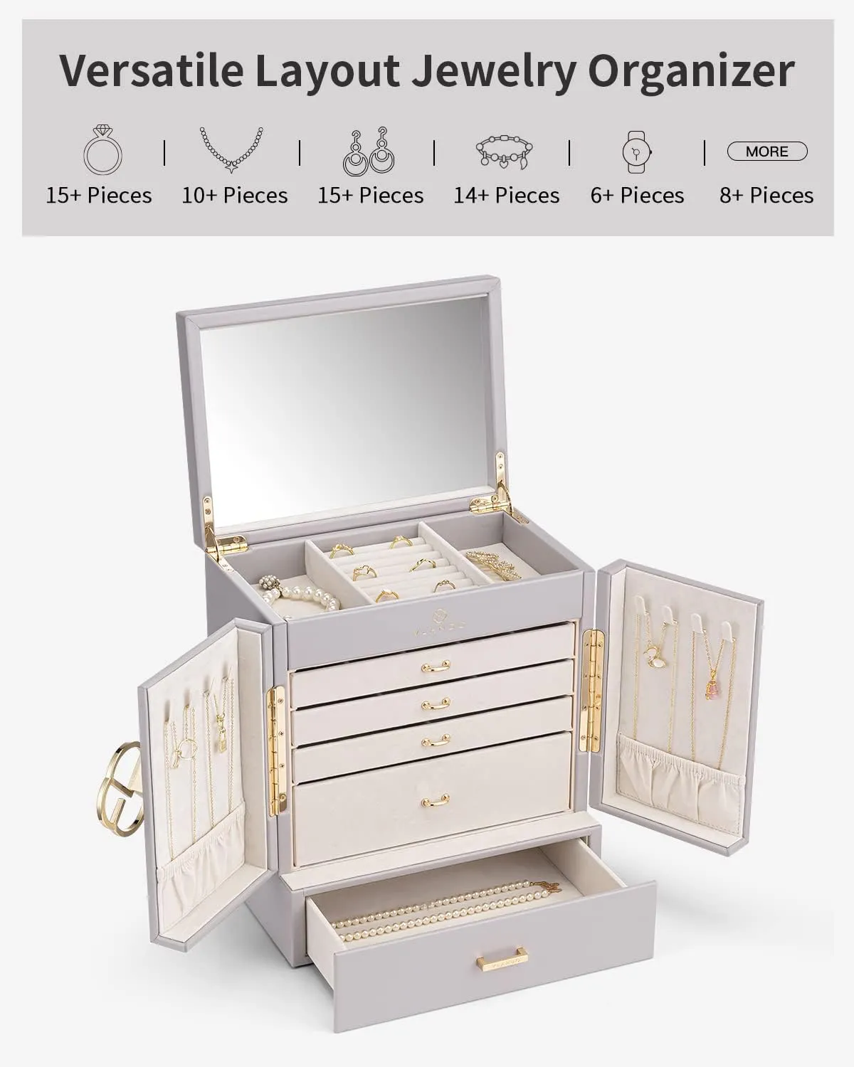 Jewelry Box, 6 Tier Jewelry Boxes & Organizers, Mirror Jewelry Storage proxy mast forum exploratory vivid Case with 5 Drawers,Faux Leather Watch Earrings Necklace Rings Bracelets Box, Gifts for Women Grey Vlando Large 