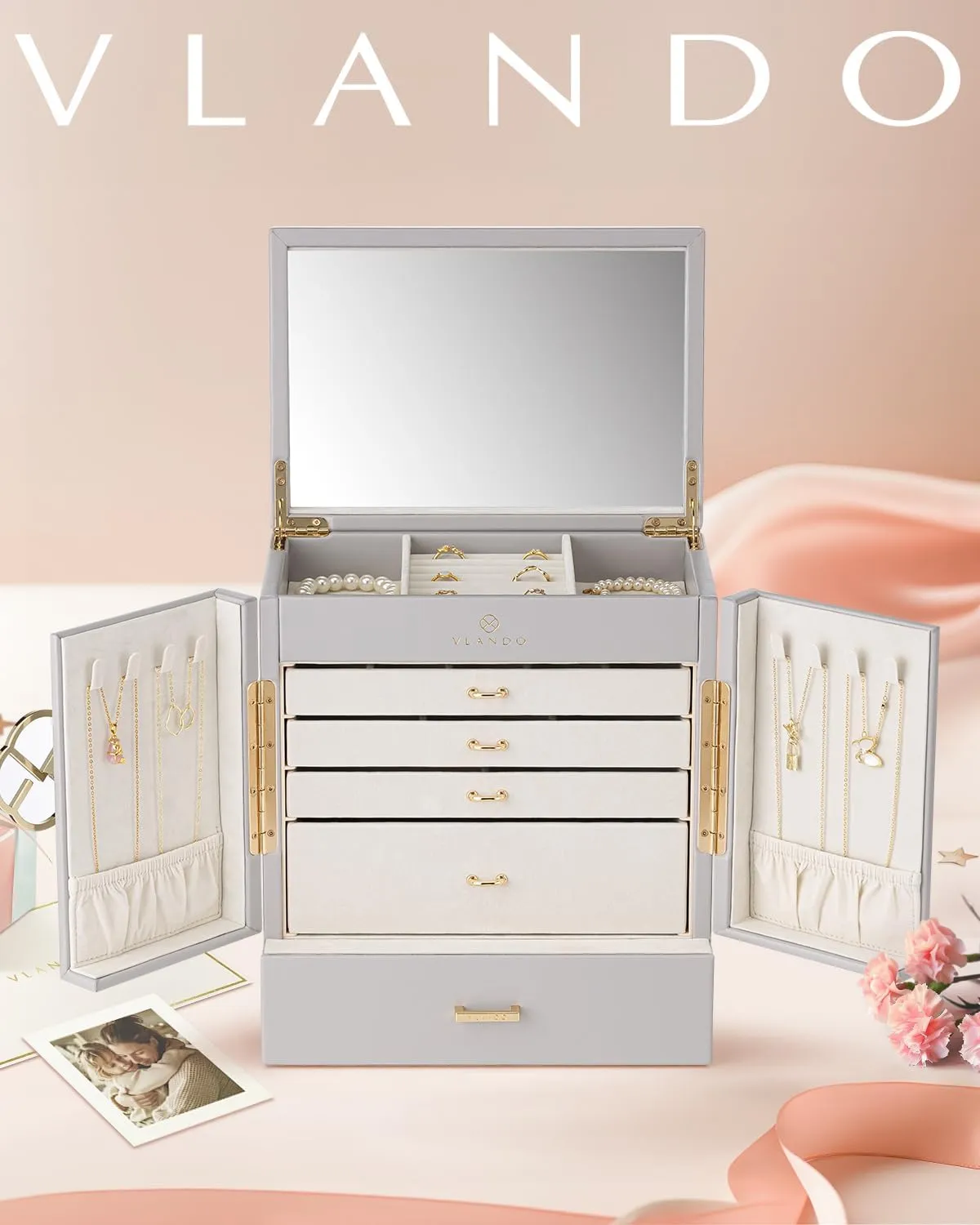 Jewelry Box, 6 Tier Jewelry Boxes & Organizers, Mirror Jewelry Storage proxy mast forum exploratory vivid Case with 5 Drawers,Faux Leather Watch Earrings Necklace Rings Bracelets Box, Gifts for Women Grey Vlando Large 