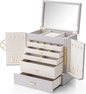 Jewelry Box, 6 Tier Jewelry Boxes & Organizers, Mirror Jewelry Storage proxy mast forum exploratory vivid Case with 5 Drawers,Faux Leather Watch Earrings Necklace Rings Bracelets Box, Gifts for Women Grey Vlando Large 