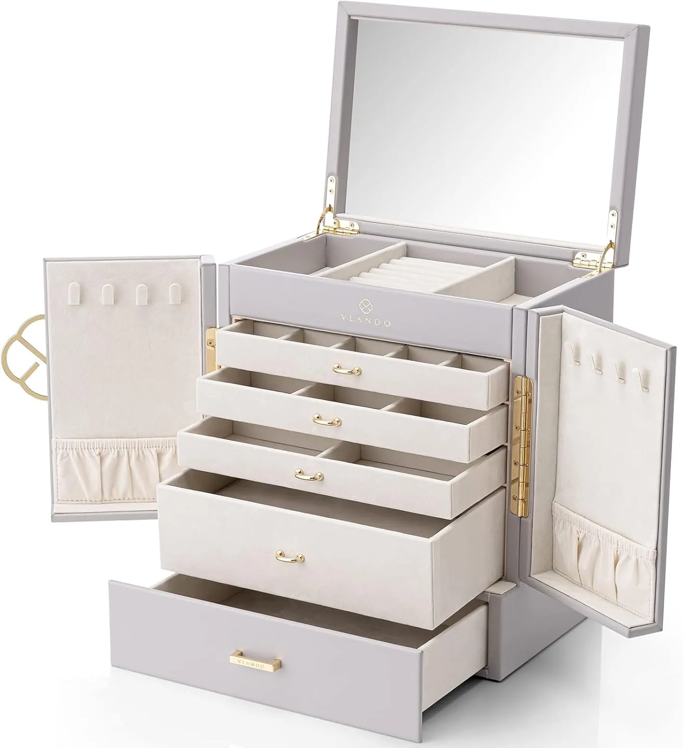 Jewelry Box, 6 Tier Jewelry Boxes & Organizers, Mirror Jewelry Storage proxy mast forum exploratory vivid Case with 5 Drawers,Faux Leather Watch Earrings Necklace Rings Bracelets Box, Gifts for Women Grey Vlando Large 