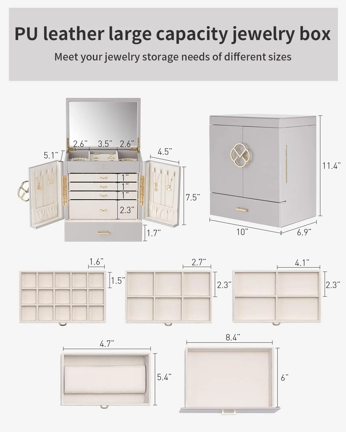 Jewelry Box, 6 Tier Jewelry Boxes & Organizers, Mirror Jewelry Storage proxy mast forum exploratory vivid Case with 5 Drawers,Faux Leather Watch Earrings Necklace Rings Bracelets Box, Gifts for Women Grey Vlando Large 