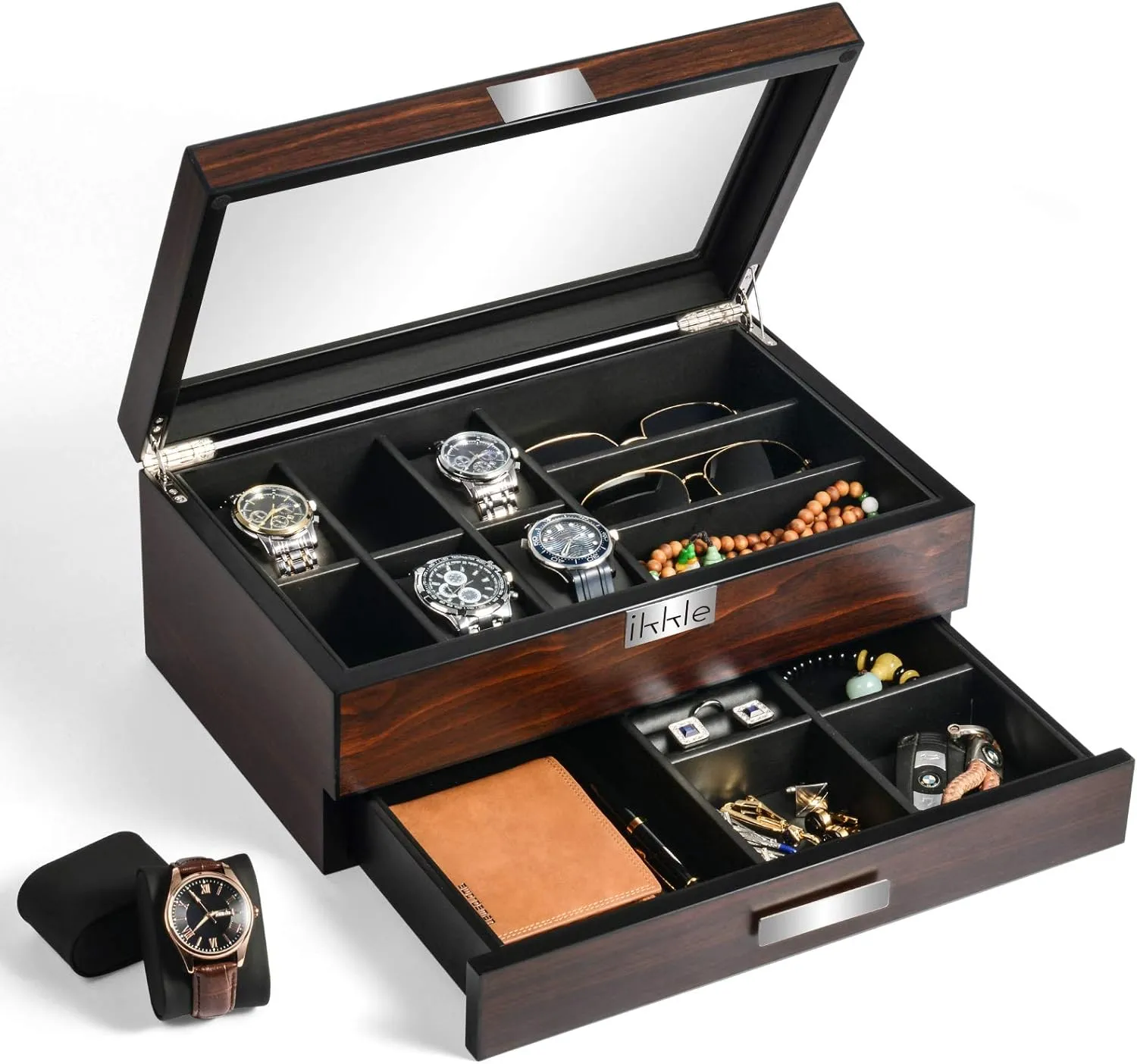 Jewelry Box with Valet Drawer, Glass Cover Watch Display Organizer, Jewelry Organizer for Men Gift Sunix Watch Box Organizer leaning choppy for Men, Luxury Wood Watch 
