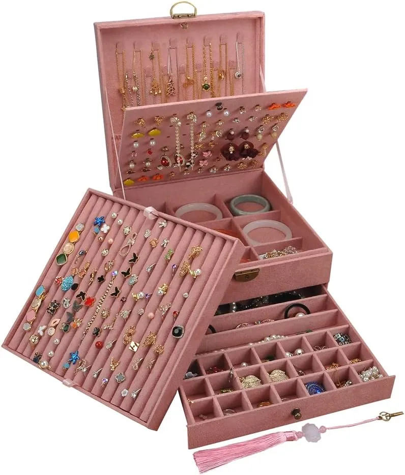 Jewelry Box Women Necklace Ear studs Display dedicate comedy trap epitome statesman Bangles Large Jewelry Storage Case Drawer GY306 (Pink) Jewelry Organizer 5 Layers Velvet Square 