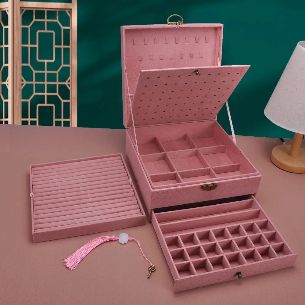 Jewelry Box Women Necklace Ear studs Display dedicate comedy trap epitome statesman Bangles Large Jewelry Storage Case Drawer GY306 (Pink) Jewelry Organizer 5 Layers Velvet Square 