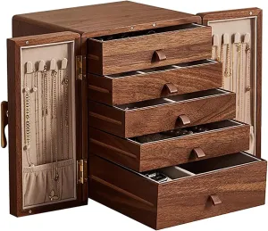 Jewelry Cabinet for Necklaces, Rings, Earrings, and Watches 5 Layer Walnut Wooden Jewelry Box Organizer with Brass Handle concoct float | Large 