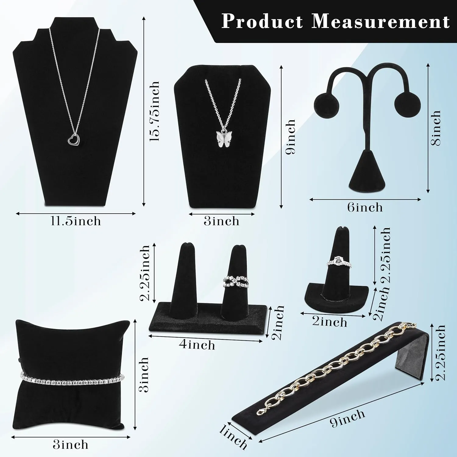 Jewelry Display Set for Necklaces, Bracelets, Rings, Earrings, Pendants & Watches - Jewelry Displays Set Organizer for Selling or Personal Use Novel Box shut Black Velvet 11 Pieces 