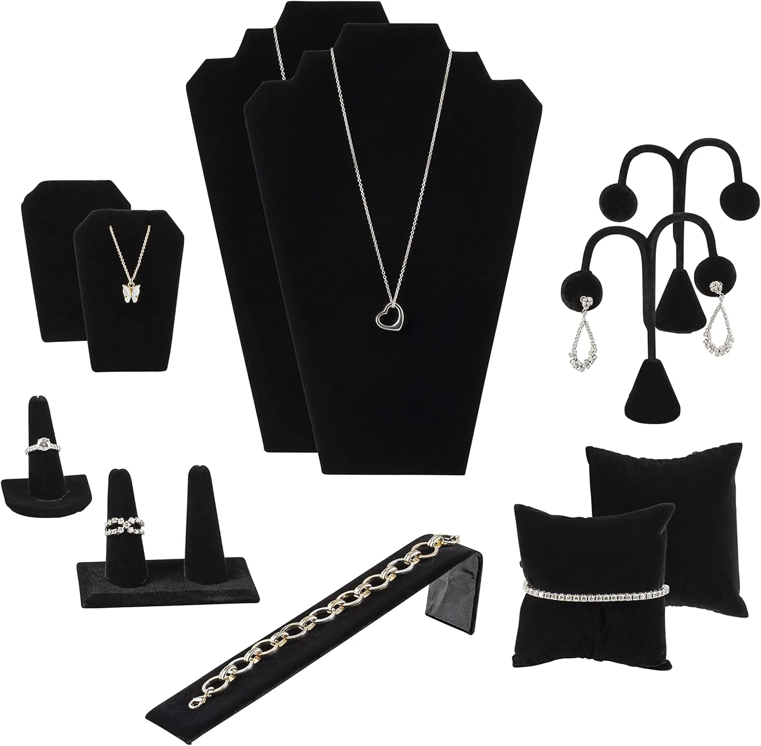 Jewelry Display Set for Necklaces, Bracelets, Rings, Earrings, Pendants & Watches - Jewelry Displays Set Organizer for Selling or Personal Use Novel Box shut Black Velvet 11 Pieces 
