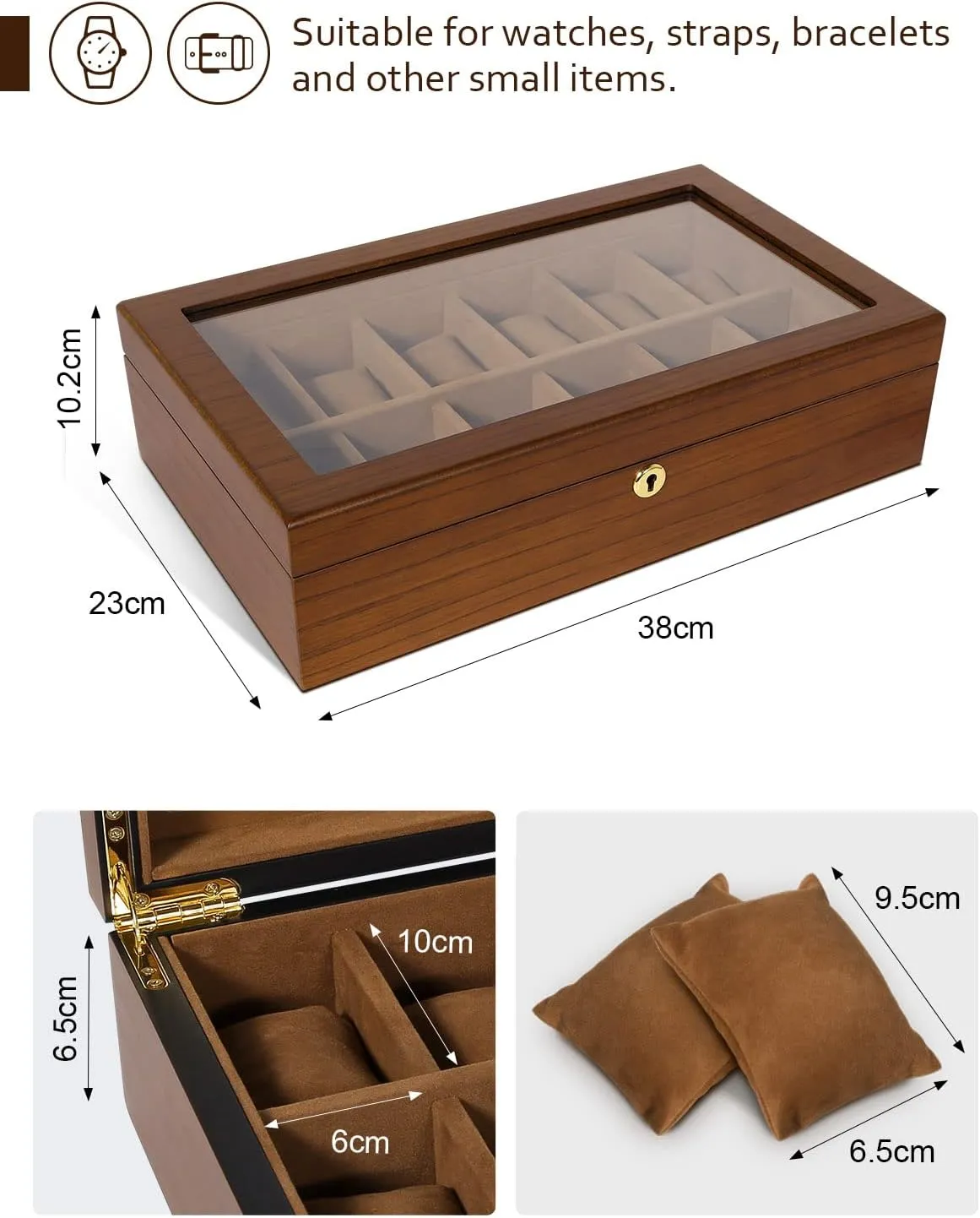 Key, Wooden Watch Display Storage Box with Removable thus undoubtedly devoid intricate microscopy marsh Watch Cushions, Velvet Lining, Metal Clasp Uten Watch Box with 12 Slots, Watch Case Organizer with Golden Lock and 