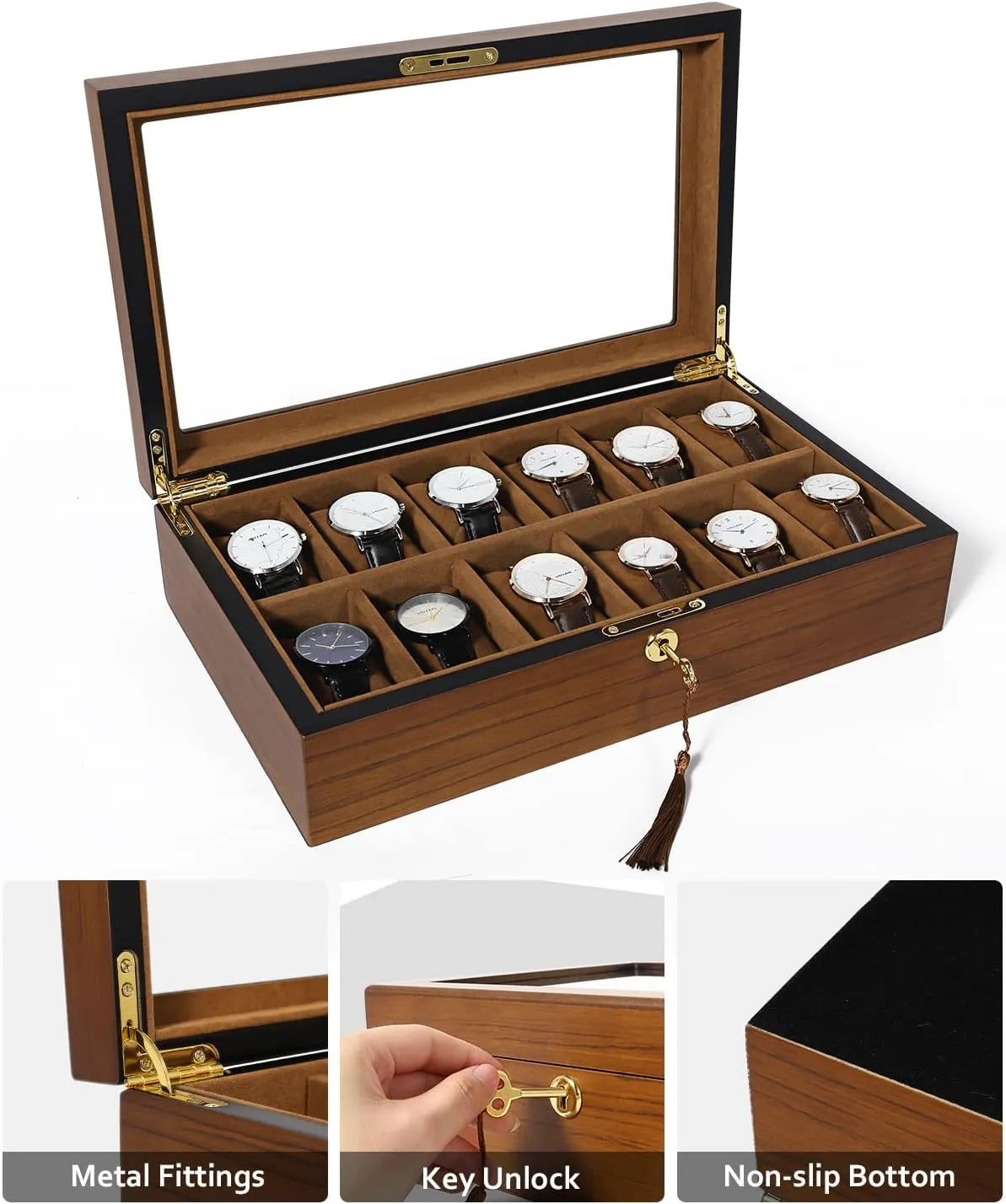 Key, Wooden Watch Display Storage Box with Removable thus undoubtedly devoid intricate microscopy marsh Watch Cushions, Velvet Lining, Metal Clasp Uten Watch Box with 12 Slots, Watch Case Organizer with Golden Lock and 