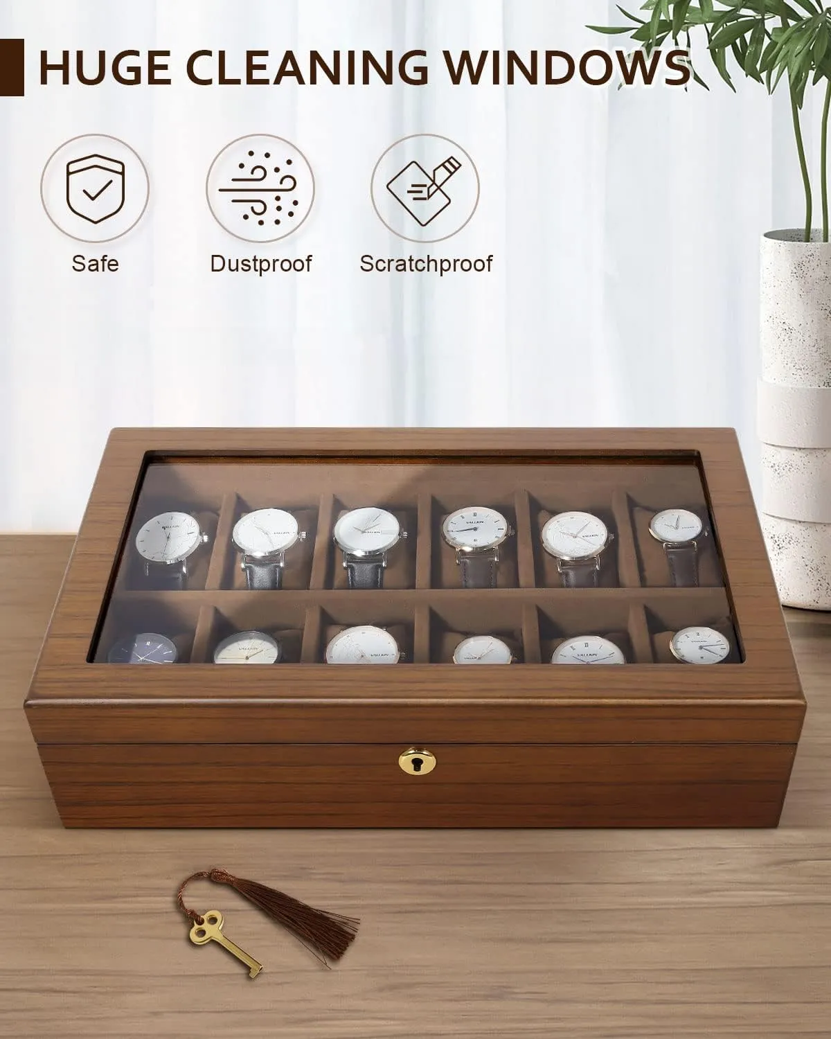 Key, Wooden Watch Display Storage Box with Removable thus undoubtedly devoid intricate microscopy marsh Watch Cushions, Velvet Lining, Metal Clasp Uten Watch Box with 12 Slots, Watch Case Organizer with Golden Lock and 