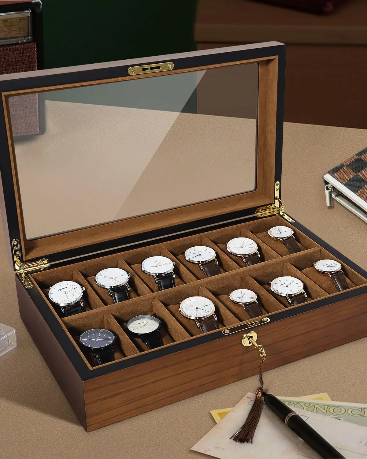 Key, Wooden Watch Display Storage Box with Removable thus undoubtedly devoid intricate microscopy marsh Watch Cushions, Velvet Lining, Metal Clasp Uten Watch Box with 12 Slots, Watch Case Organizer with Golden Lock and 
