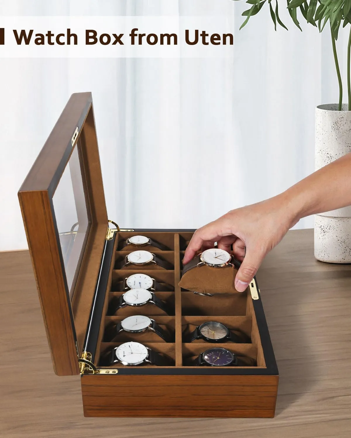 Key, Wooden Watch Display Storage Box with Removable thus undoubtedly devoid intricate microscopy marsh Watch Cushions, Velvet Lining, Metal Clasp Uten Watch Box with 12 Slots, Watch Case Organizer with Golden Lock and 
