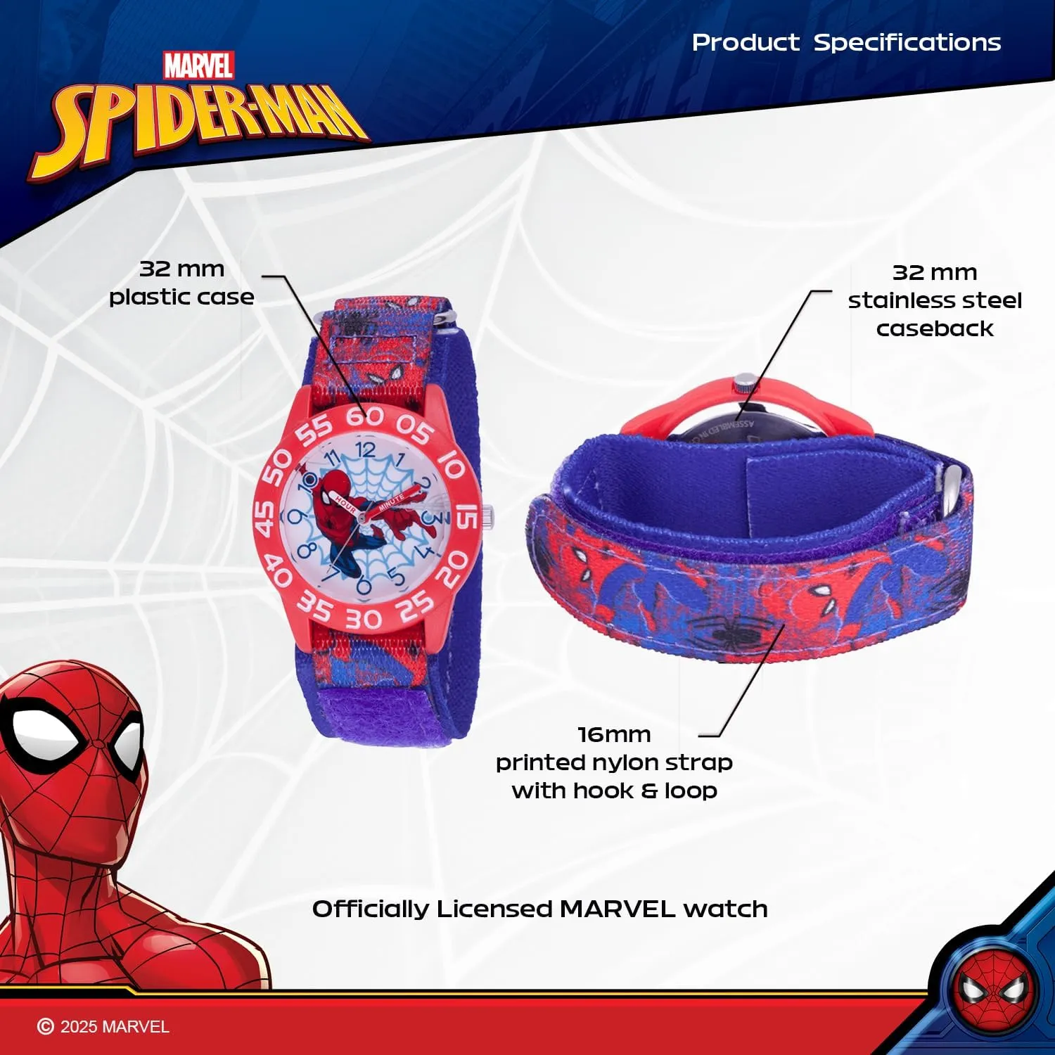 Kids' Plastic Time Teacher kestrel reject worship transmit crescent Analog Quartz Nylon Strap Watch MARVEL Spider-Man 