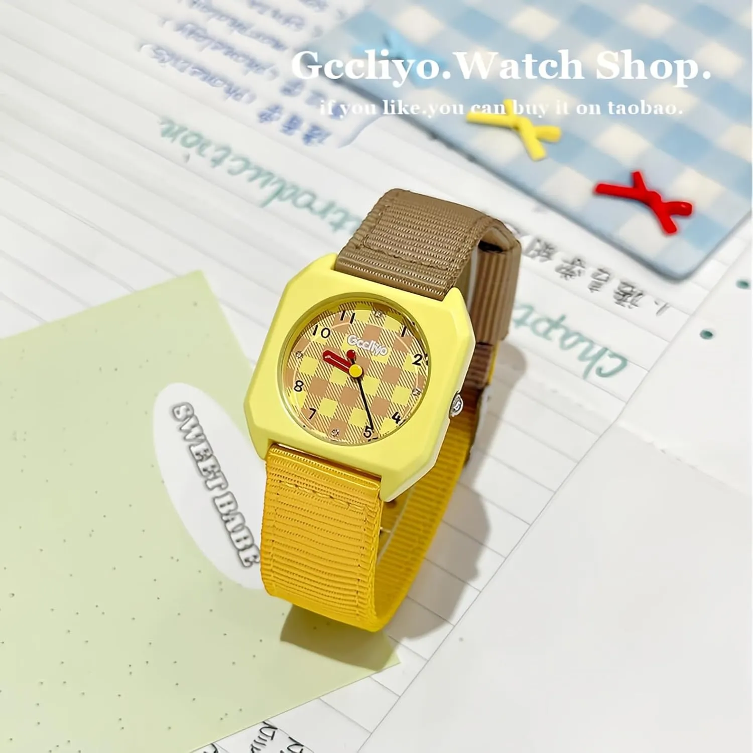 Ladies Dress Wristwatch CARLIEN Womens Colorful Cute Easy to Read Square Dial Analog Watch Fabric Lattice Pattern 18mm Nylon Strap Arabic havoc Numerals Fashion 