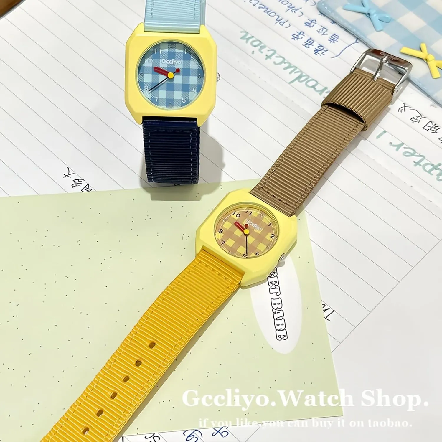 Ladies Dress Wristwatch CARLIEN Womens Colorful Cute Easy to Read Square Dial Analog Watch Fabric Lattice Pattern 18mm Nylon Strap Arabic havoc Numerals Fashion 