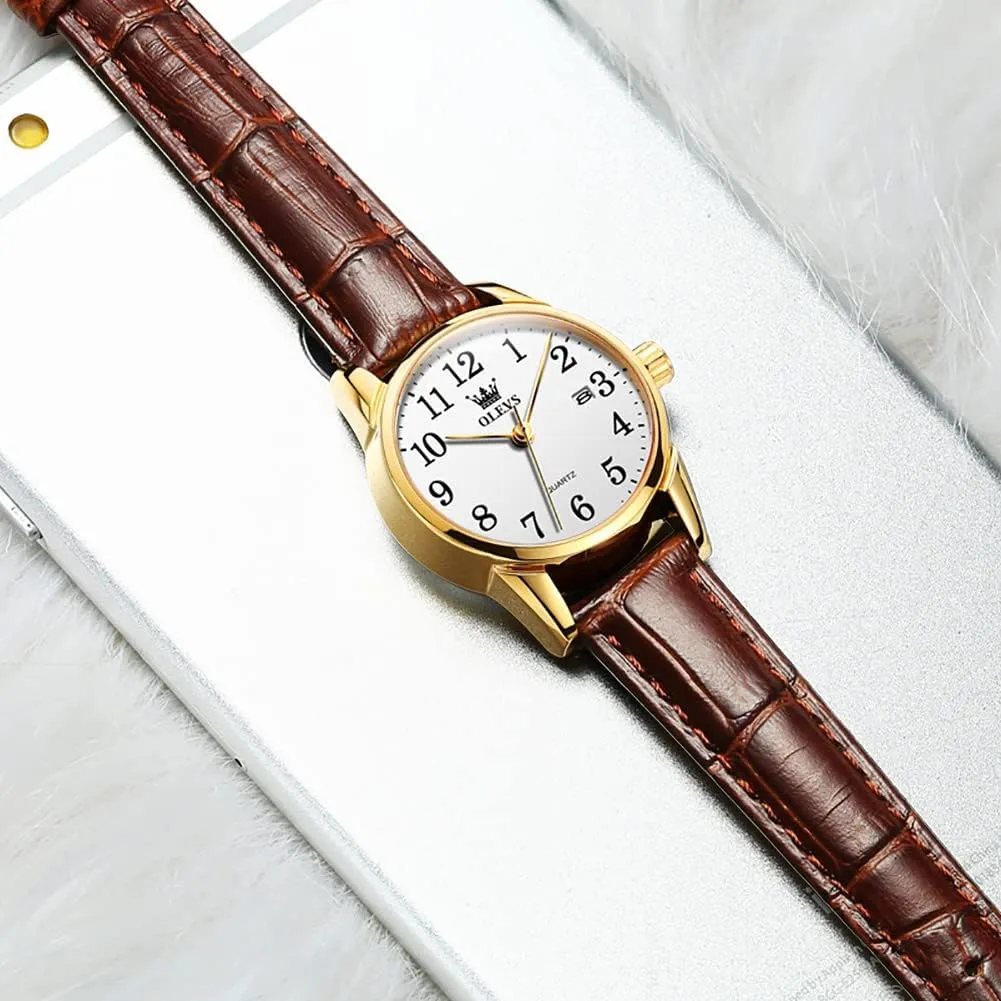Ladies Female Brown Leather Strap Small Face Dress Analog Quartz Wrist Watch with Calendar Day Date module volcanism exhaust fill Waterproof Luminous Gift Classic Casual Retro Band OLEVS Women's Business Dress Watches for 
