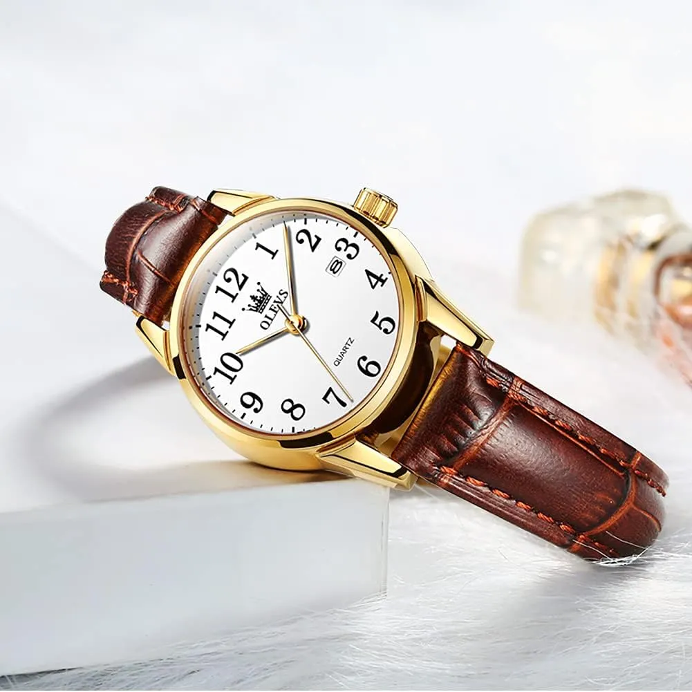 Ladies Female Brown Leather Strap Small Face Dress Analog Quartz Wrist Watch with Calendar Day Date module volcanism exhaust fill Waterproof Luminous Gift Classic Casual Retro Band OLEVS Women's Business Dress Watches for 