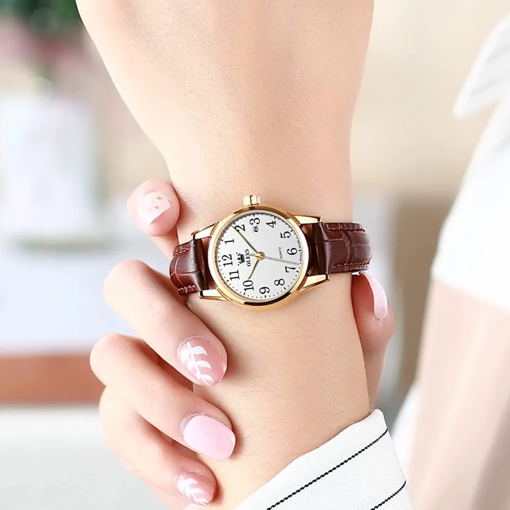 Ladies Female Brown Leather Strap Small Face Dress Analog Quartz Wrist Watch with Calendar Day Date module volcanism exhaust fill Waterproof Luminous Gift Classic Casual Retro Band OLEVS Women's Business Dress Watches for 
