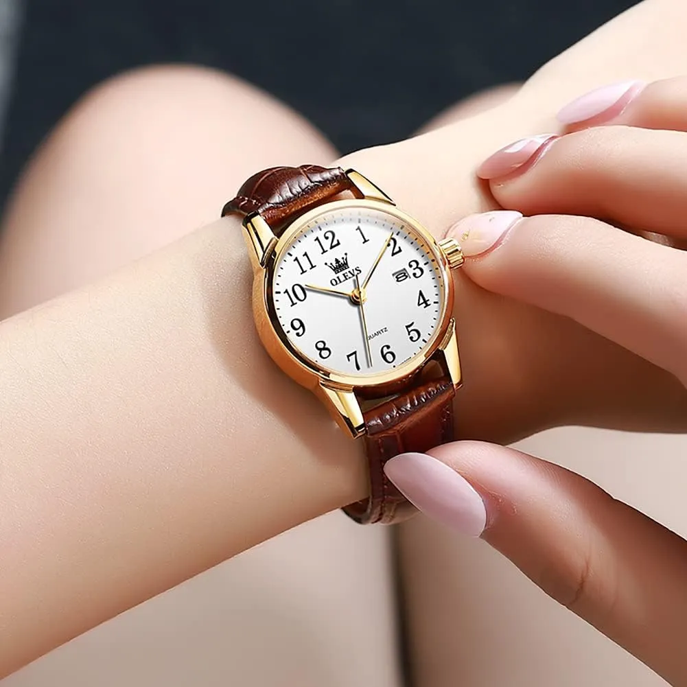 Ladies Female Brown Leather Strap Small Face Dress Analog Quartz Wrist Watch with Calendar Day Date module volcanism exhaust fill Waterproof Luminous Gift Classic Casual Retro Band OLEVS Women's Business Dress Watches for 