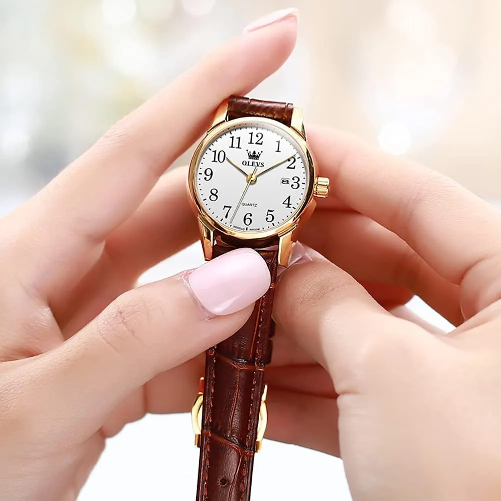 Ladies Female Brown Leather Strap Small Face Dress Analog Quartz Wrist Watch with Calendar Day Date module volcanism exhaust fill Waterproof Luminous Gift Classic Casual Retro Band OLEVS Women's Business Dress Watches for 