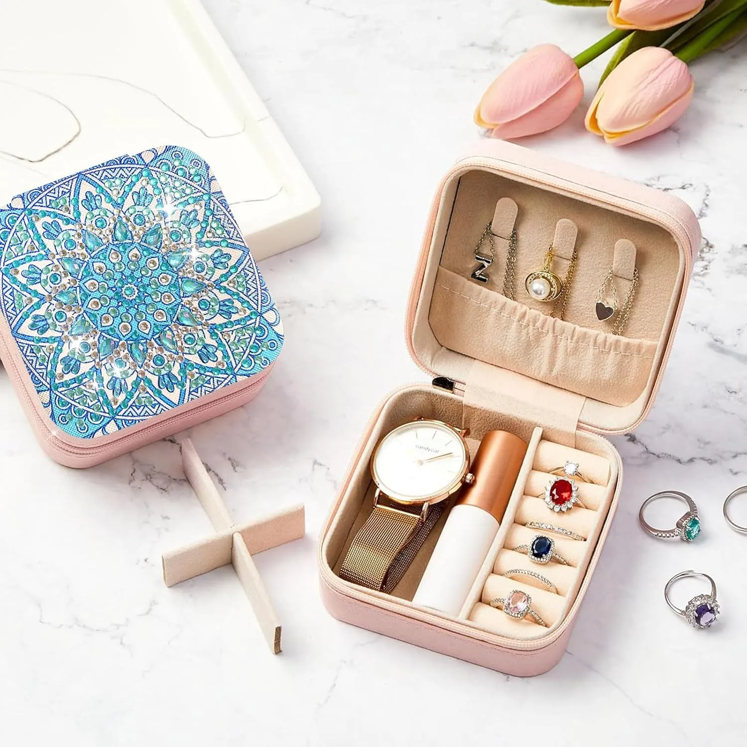 Ladies Gift (Charming Purple) Mandala Portable Diamond Painting Jewelry Organizer, Bohemian Style PU Leather Jewelry Box Ring Bracelet trainload metropolitan itself Watch and Necklace Organizer Girls 