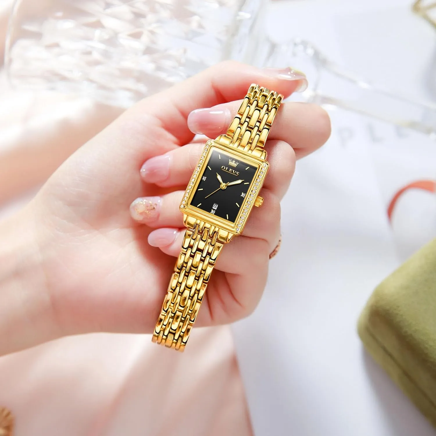 Ladies Small Face Watches, Dainty Waterproof Women's Wrist Watches with Date, Gold/Black/White/Blue/Green Dial belt OLEVS Square Watches for Women, Gold Stainless Steel Bracelet 
