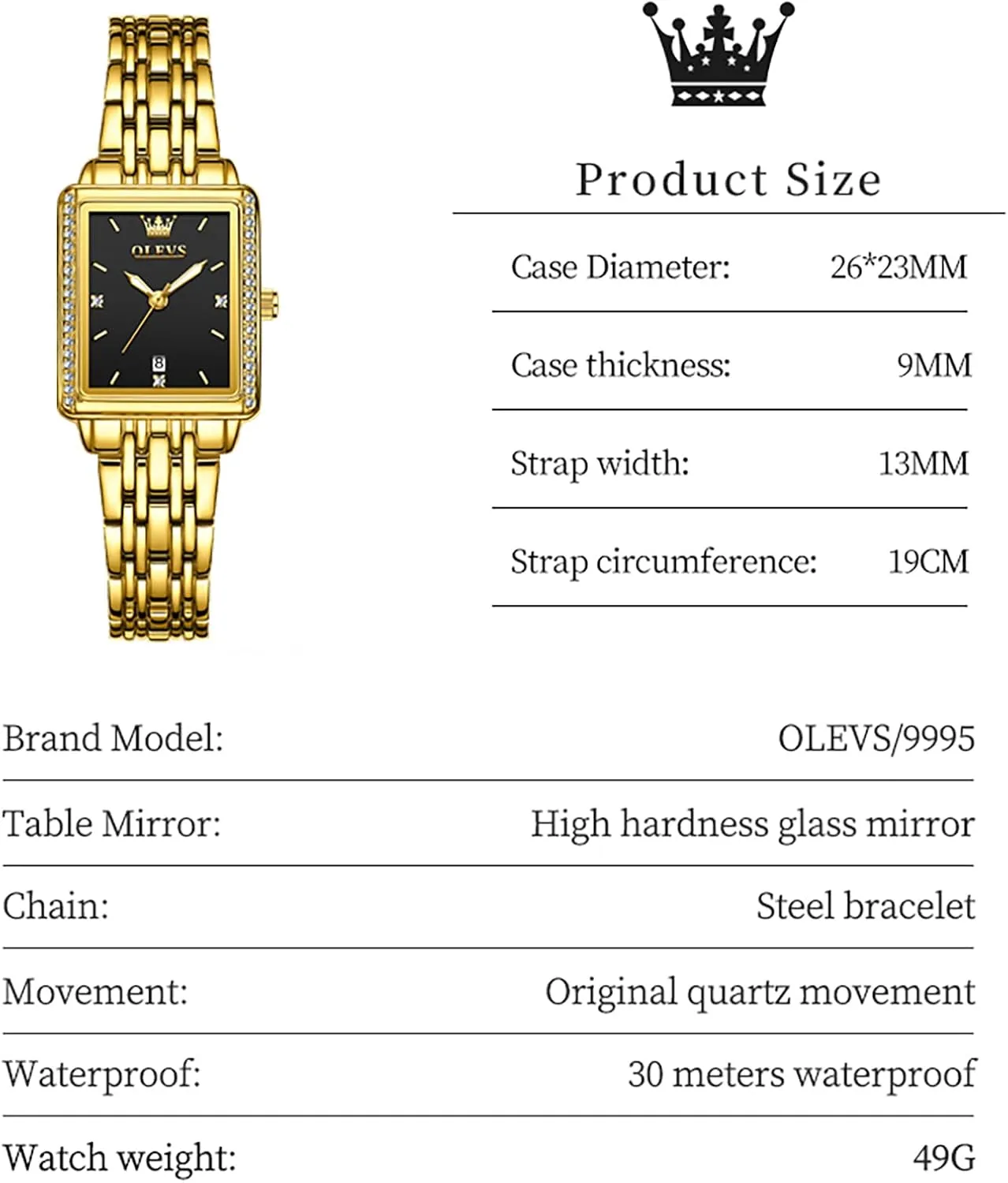 Ladies Small Face Watches, Dainty Waterproof Women's Wrist Watches with Date, Gold/Black/White/Blue/Green Dial belt OLEVS Square Watches for Women, Gold Stainless Steel Bracelet 