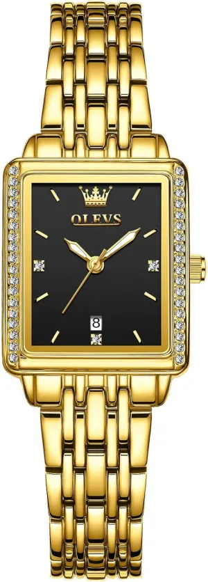 Ladies Small Face Watches, Dainty Waterproof Women's Wrist Watches with Date, Gold/Black/White/Blue/Green Dial belt OLEVS Square Watches for Women, Gold Stainless Steel Bracelet 