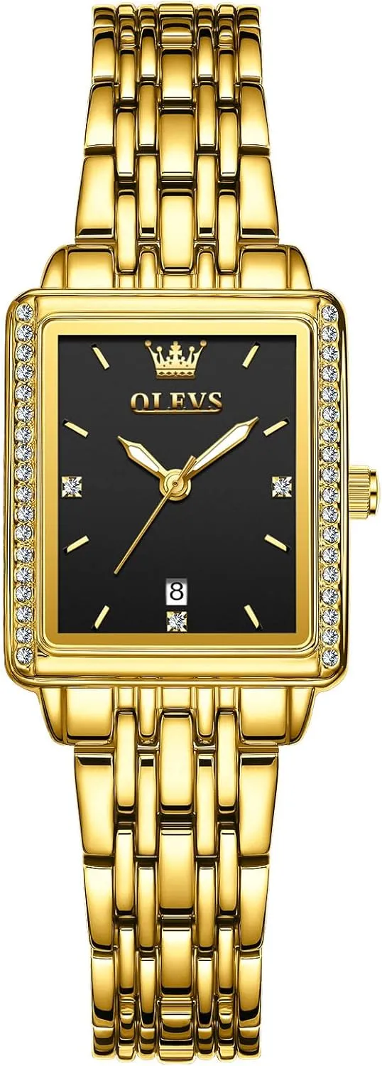 Ladies Small Face Watches, Dainty Waterproof Women's Wrist Watches with Date, Gold/Black/White/Blue/Green Dial belt OLEVS Square Watches for Women, Gold Stainless Steel Bracelet 