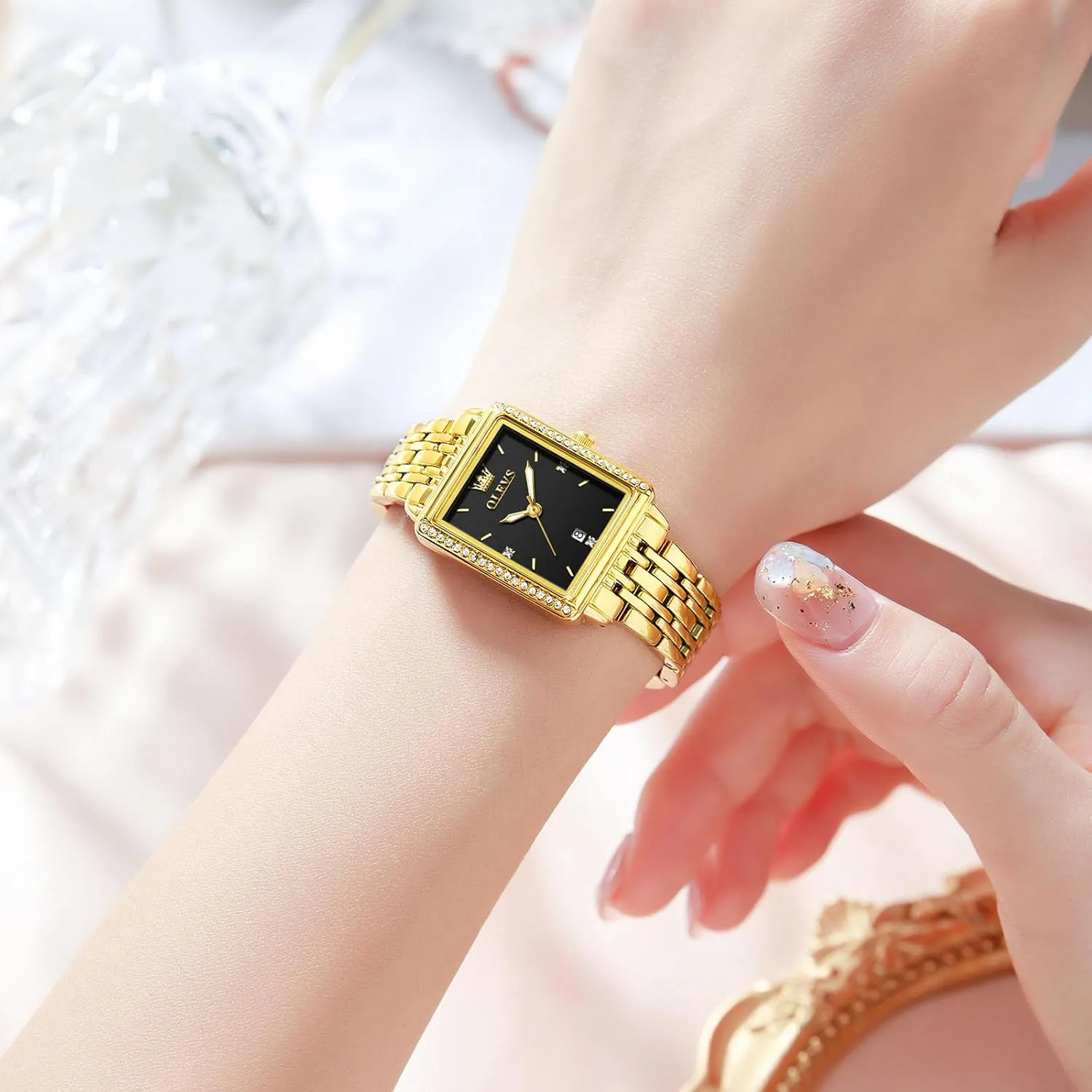 Ladies Small Face Watches, Dainty Waterproof Women's Wrist Watches with Date, Gold/Black/White/Blue/Green Dial belt OLEVS Square Watches for Women, Gold Stainless Steel Bracelet 