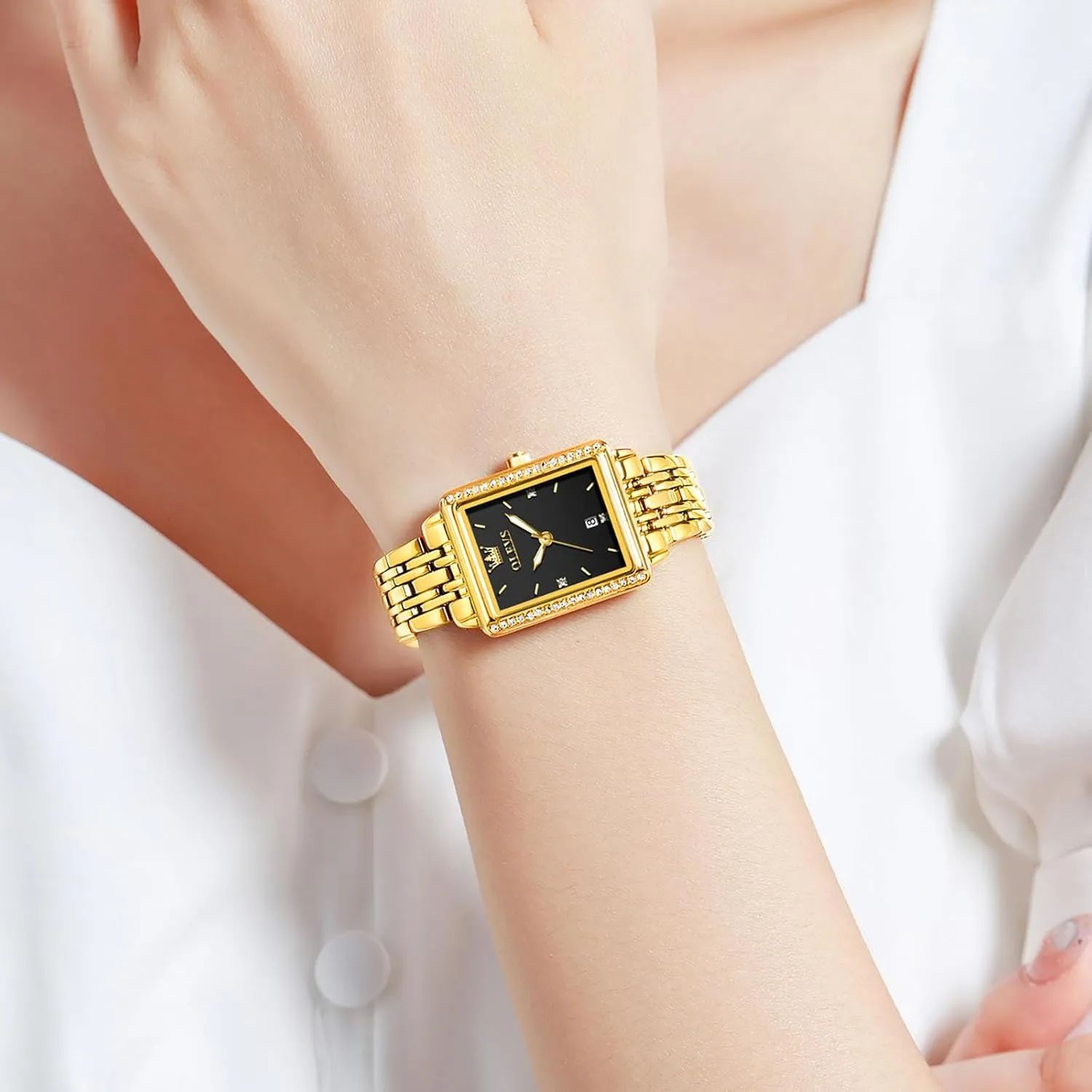 Ladies Small Face Watches, Dainty Waterproof Women's Wrist Watches with Date, Gold/Black/White/Blue/Green Dial belt OLEVS Square Watches for Women, Gold Stainless Steel Bracelet 